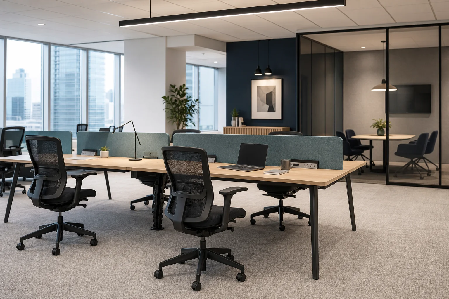 Illustrative modern corporate workspace with office desks and ergonomic seating