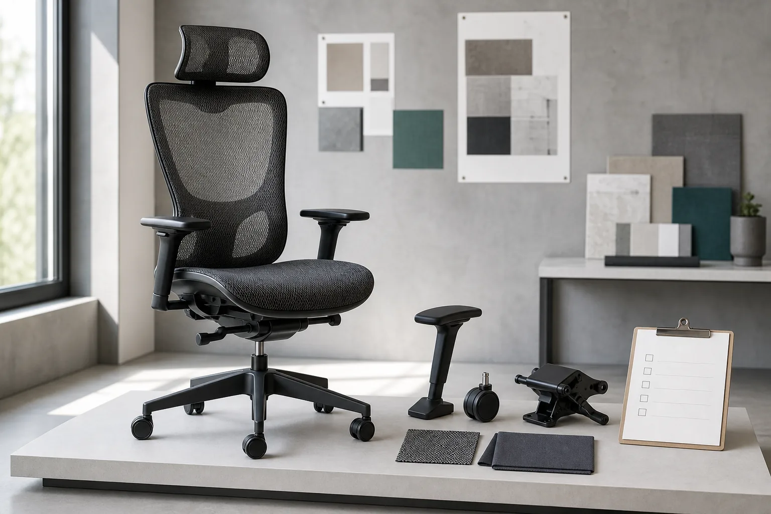 Illustrative ergonomic chair sample evaluation with component, material and checklist references