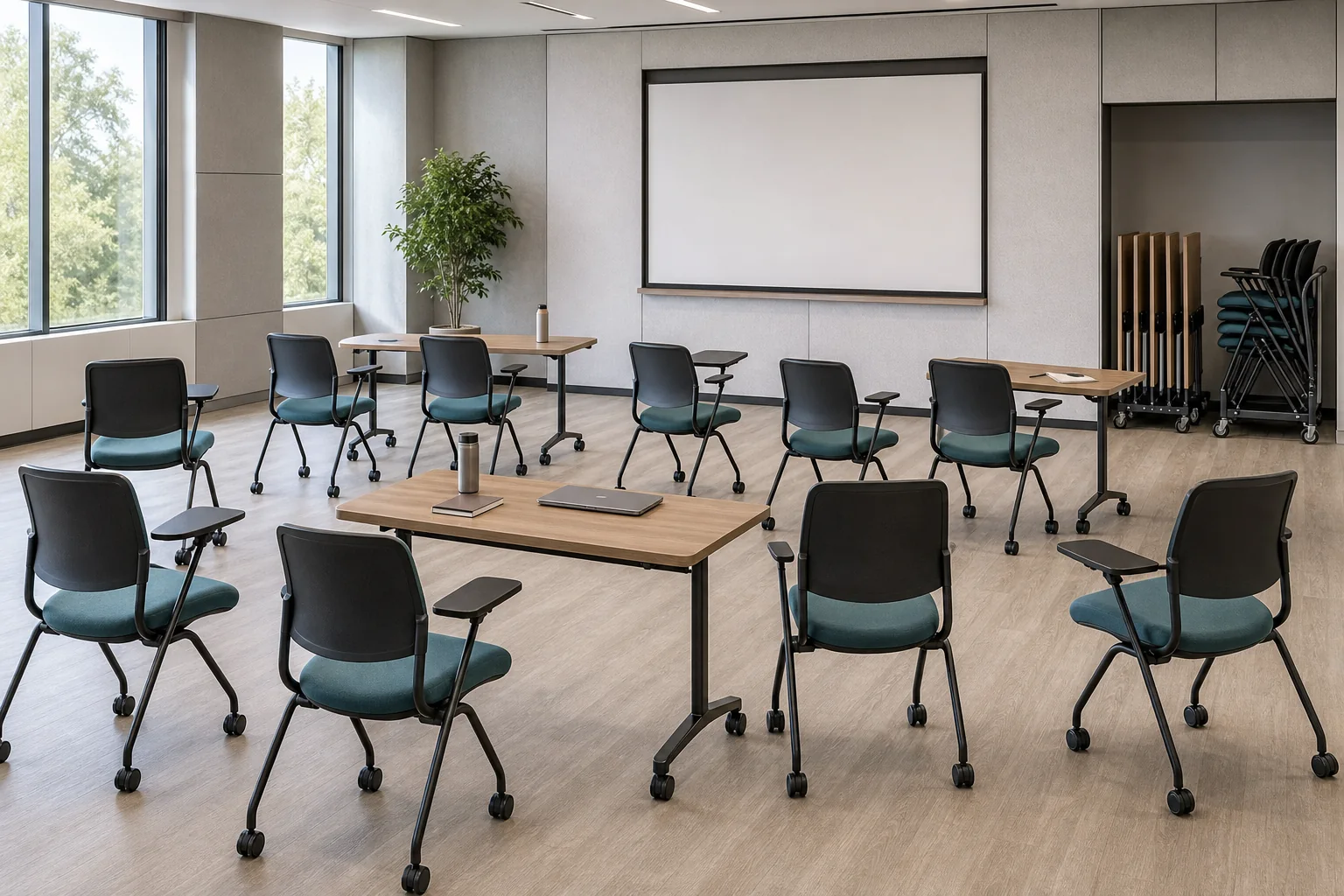 Concept education and training space with stackable chairs, writing tablets and mobile tables