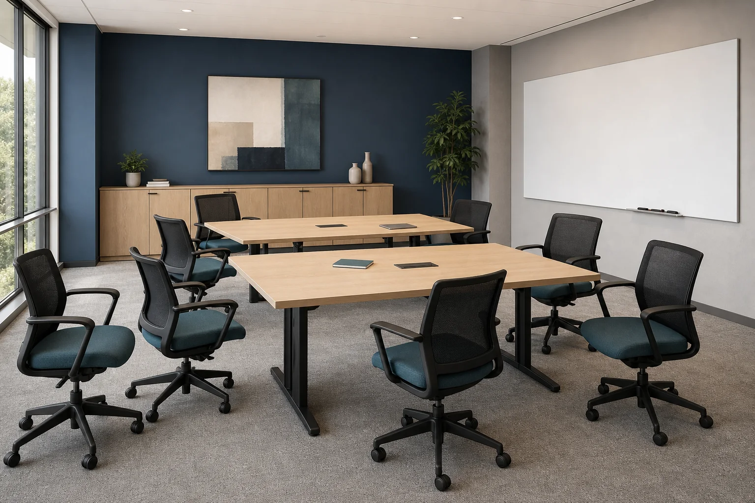 Concept meeting and collaboration room with mobile seating and reconfigurable tables
